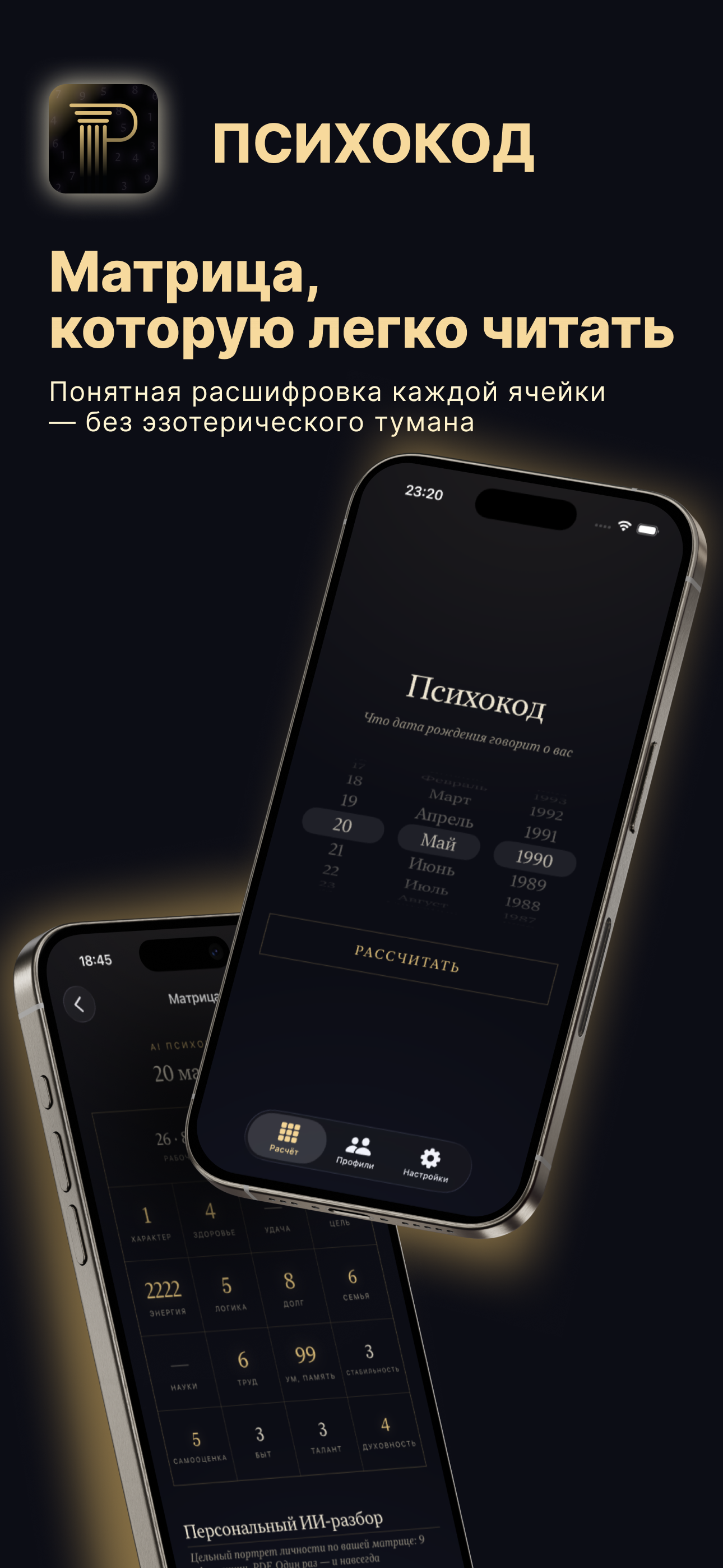Psychocode home screen: pick a birth date and calculate the matrix